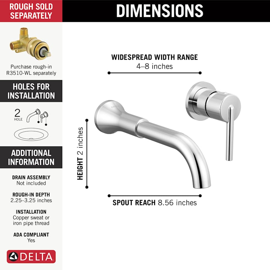 Trinsic 1.2 GPM Wall Mounted Bathroom Faucet - Less Drain Assembly and Rough-In Valve