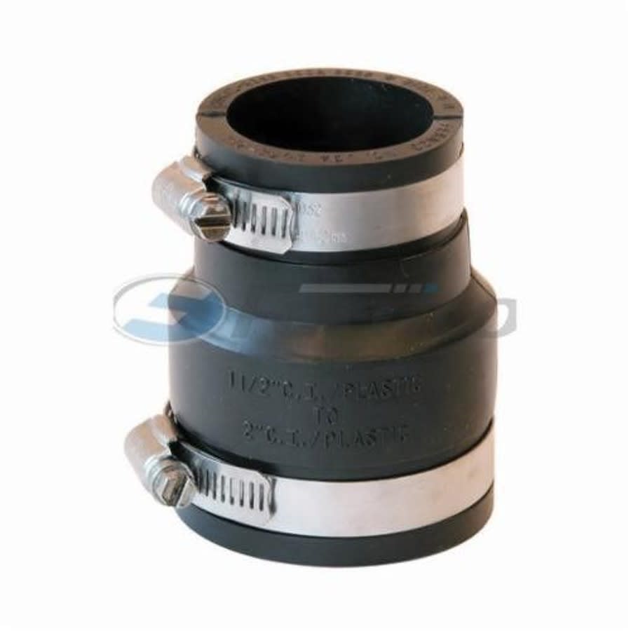 Transition Coupling, 2 x 1-1/2 in, Cast Iron/Plastic x Cast Iron/Plastic, Flexible PVC