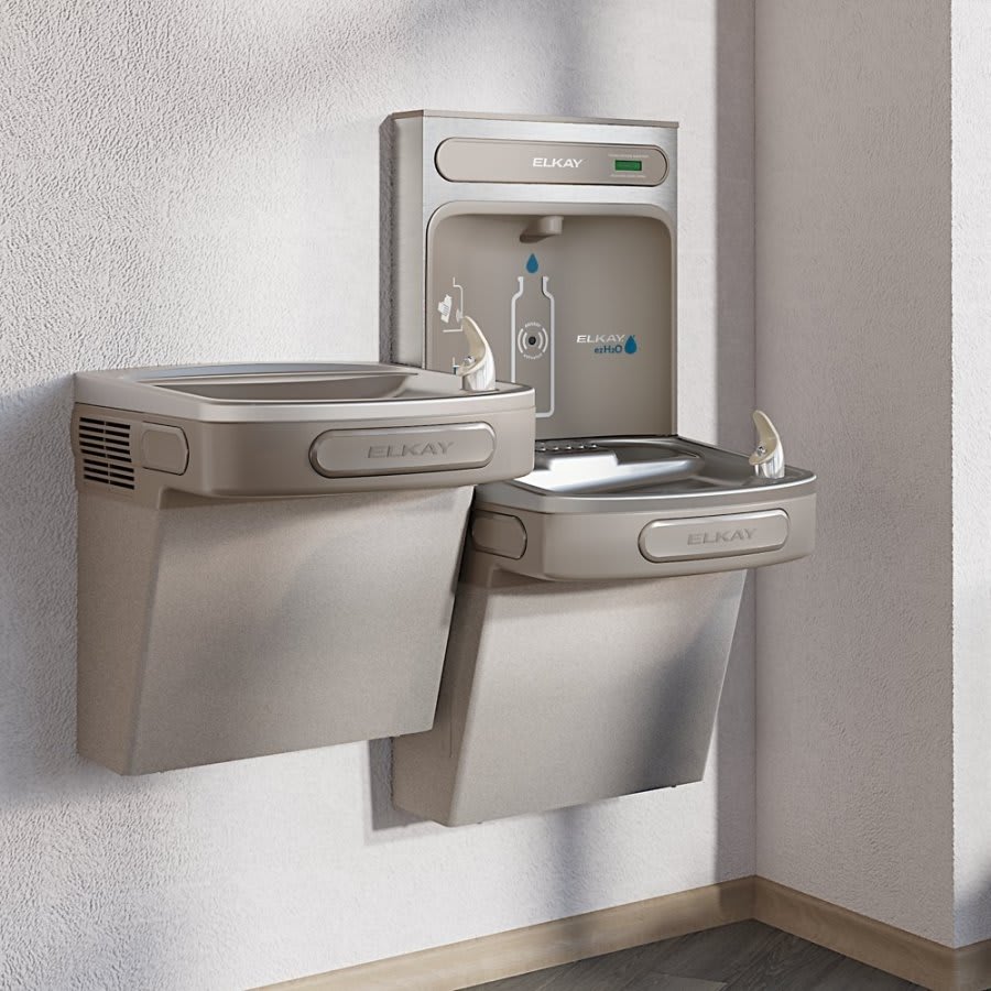 ezH2O Bottle Filling Station and Versatile Bi-Level ADA Cooler Non-Filtered Non-Refrigerated Light Gray
