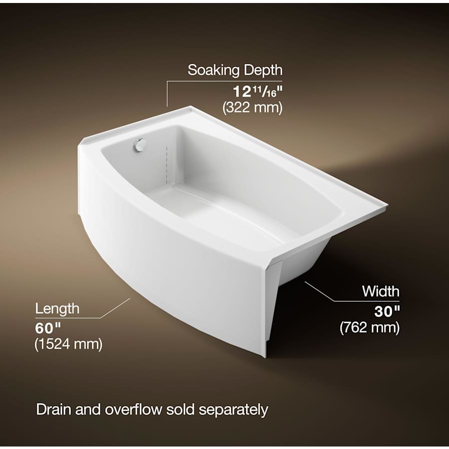 Expanse Bath Tub 60" x 30" - 36" Acrylic Soaking for Three Wall Alcove Installations with Integral Curved Apron and Left Drain
