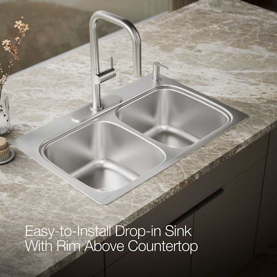 Verse 33" Double Basin Drop In Stainless Steel Kitchen Sink With Four Faucet Holes