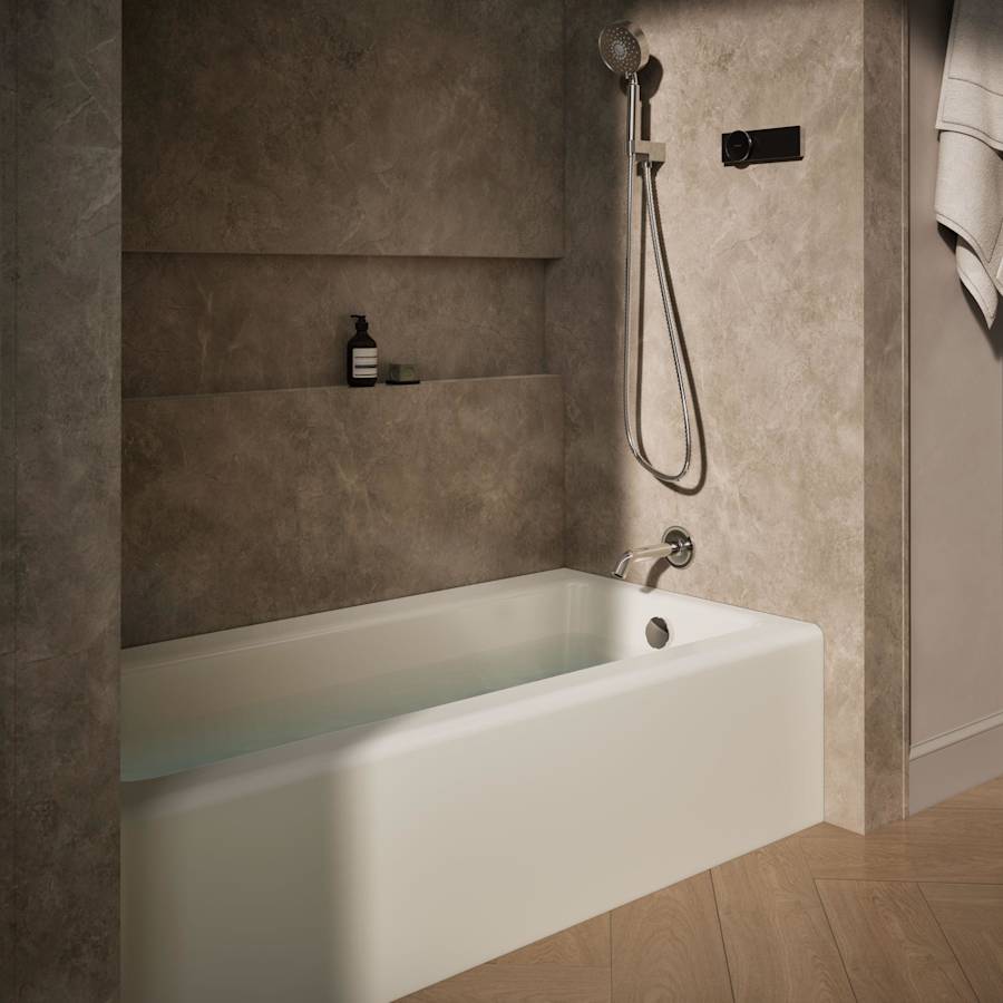 Bellwether Bath Tub 66" L x 32" W Cast Iron Soaking for Three Wall Alcove Installations with Integral Apron and Right Drain