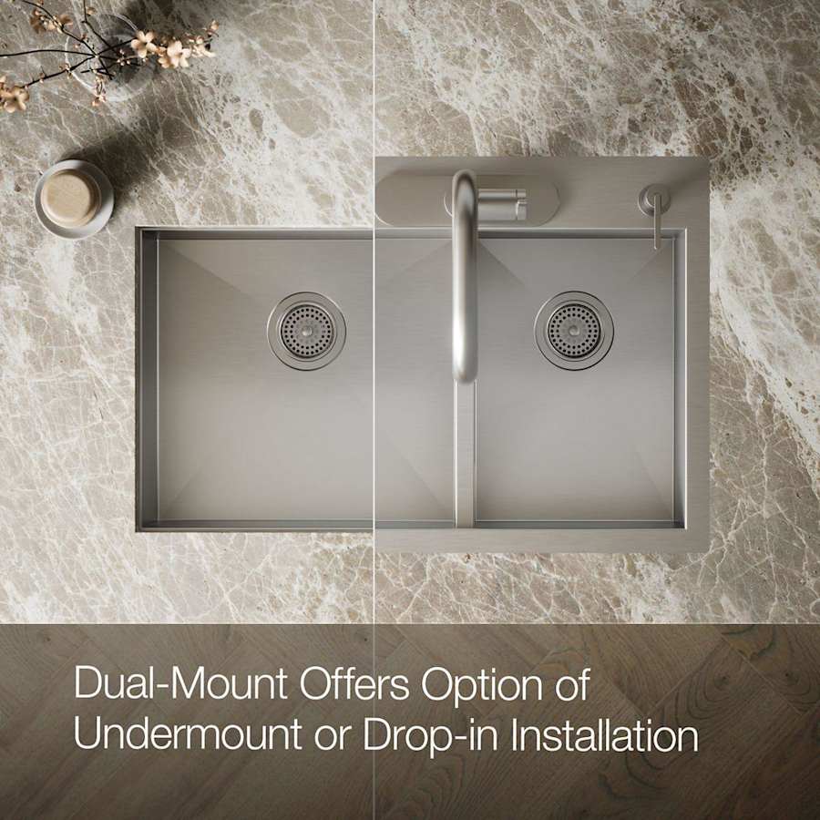 Vault 33" Double Basin Top-Mount/Under-Mount 18-Gauge Stainless Steel Kitchen Sink with SilentShield