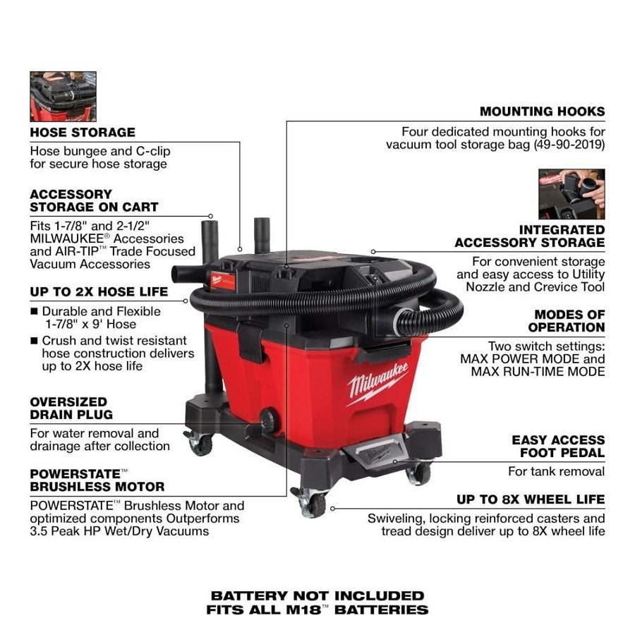 Cordless Wet/Dry Vacuum, 6 gal Tank, 3.5 hp, 18 V, Polypropylene Housing