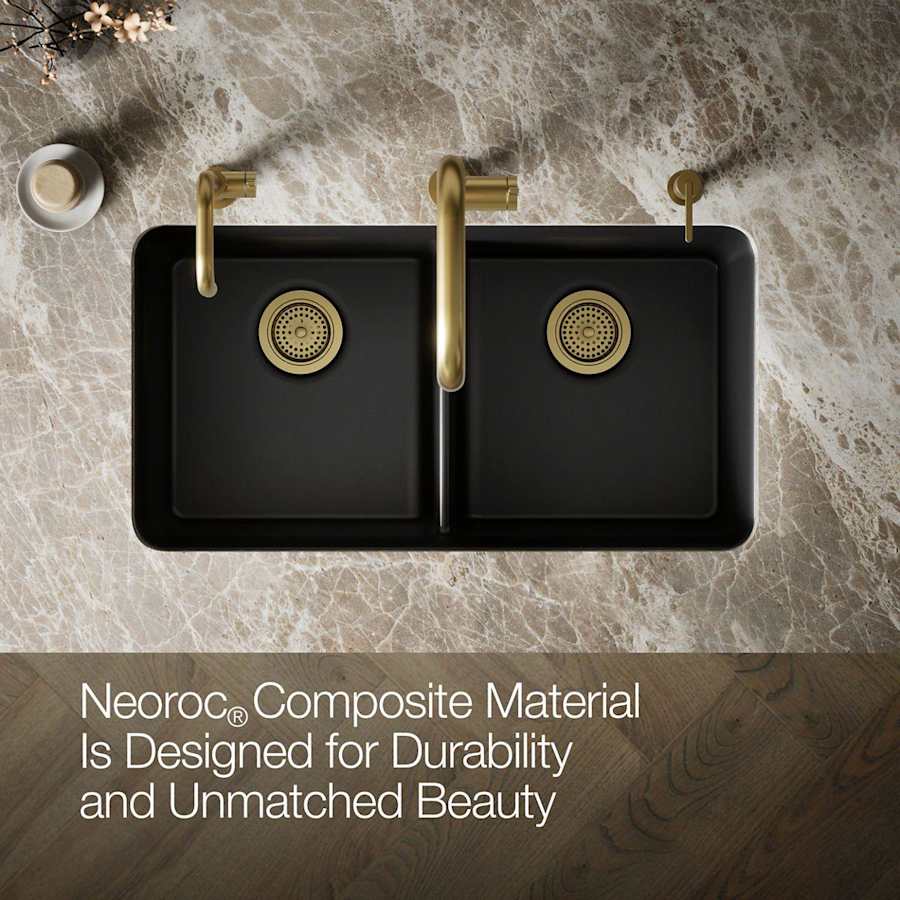 Cairn 33-1/2" Undermount Double Equal Bowl Neoroc Granite Composite Kitchen Sink with Right Sink Rack Included