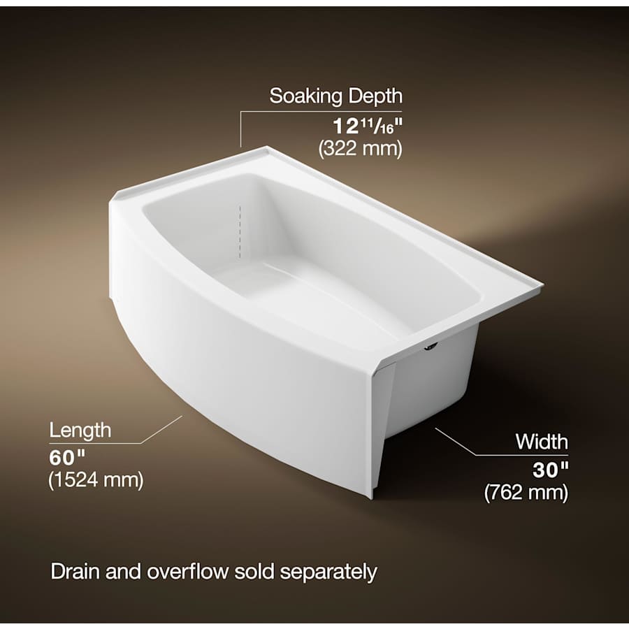 60" Three Wall Alcove Curved Apron Soaking Tub with Right Hand Drain