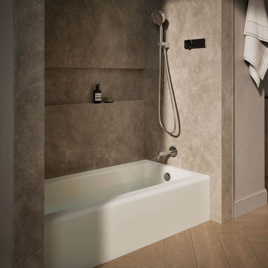 Bellwether Bath Tub 60" L x 30 1/4" W Cast Iron Soaking for Three Wall Alcove Installations with Integral Apron and Right Drain