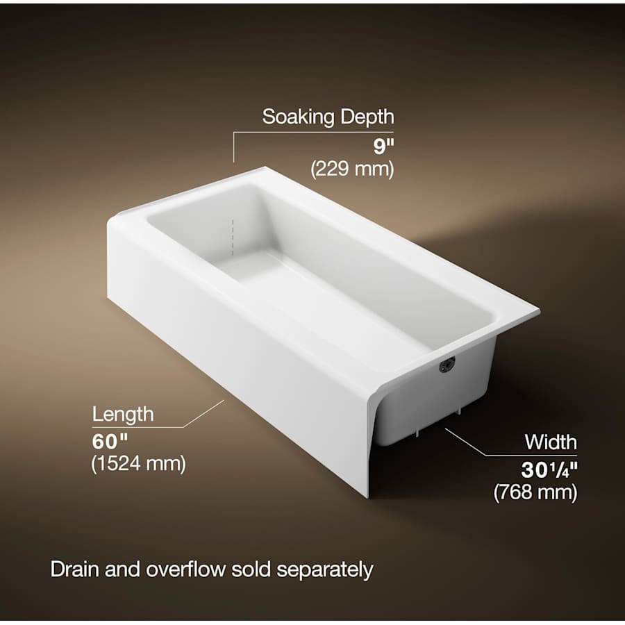 Bellwether Bath Tub 60" L x 30 1/4" W Cast Iron Soaking for Three Wall Alcove Installations with Integral Apron and Right Drain