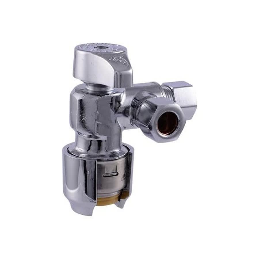 Quarter Turn Dual Stop, 1/2 x 3/8 x 3/8 in, Push x Comp x Comp, Chrome