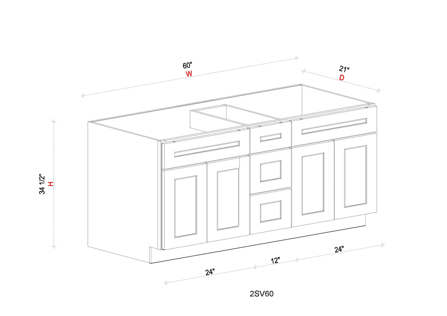 Vanity Double Sink Base Cabinet with Drawers - 60"W * 34- 1/2"H * 21"D - 3DRW