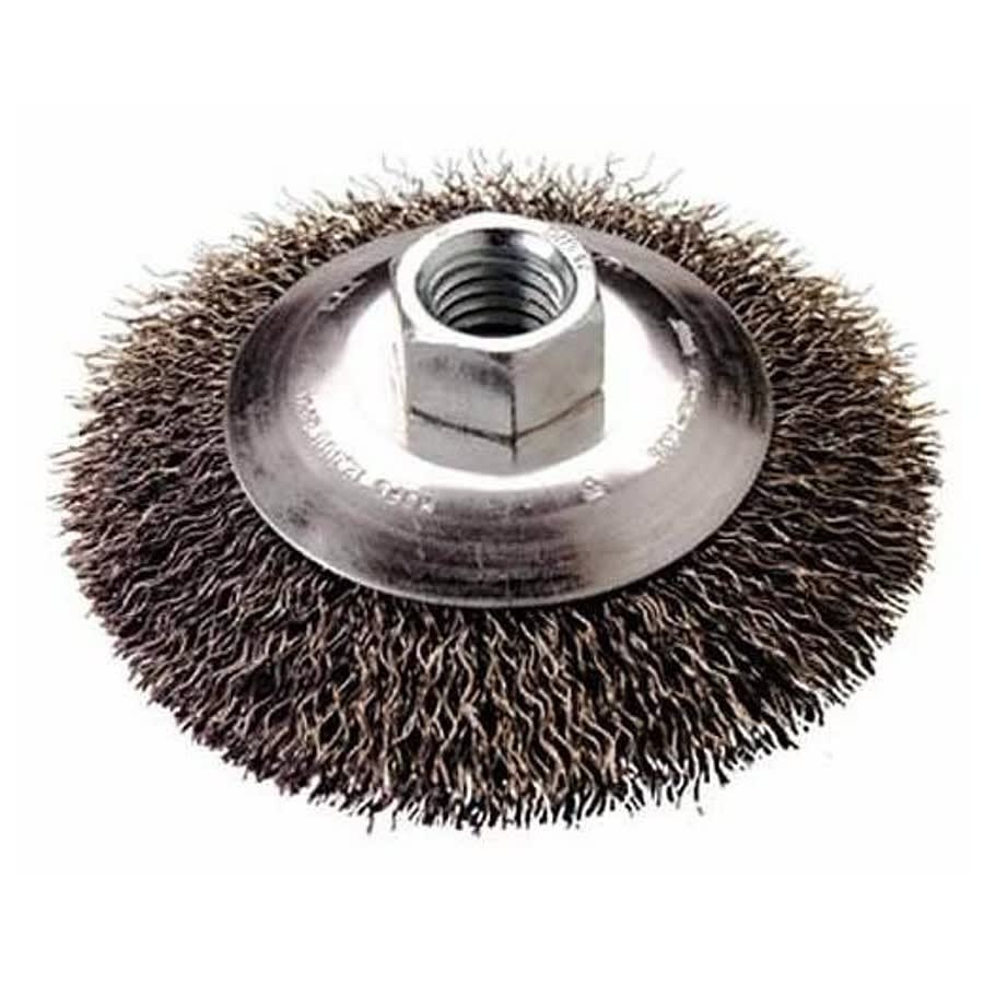 Bevel Wheel Brush, 4 in Dia Brush, 0.014 in Dia Crimped Filament/Wire, 5/8-11 Arbor Hole