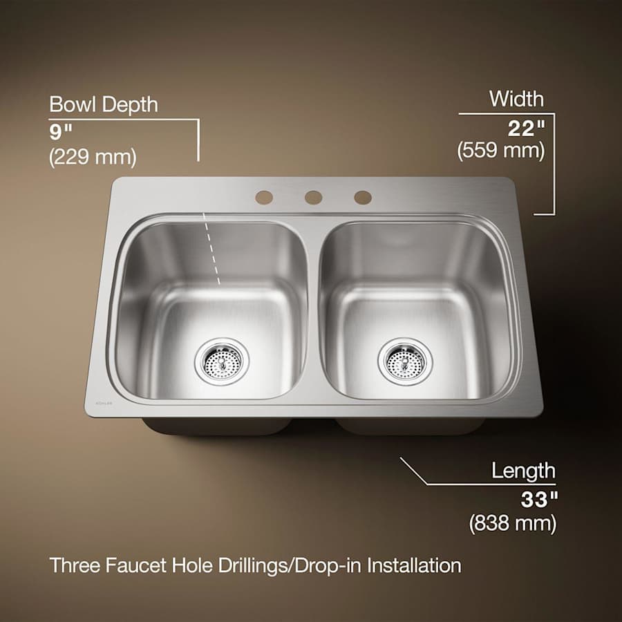Verse 33" Double Basin Drop In Stainless Steel Kitchen Sink With Three Faucet Holes