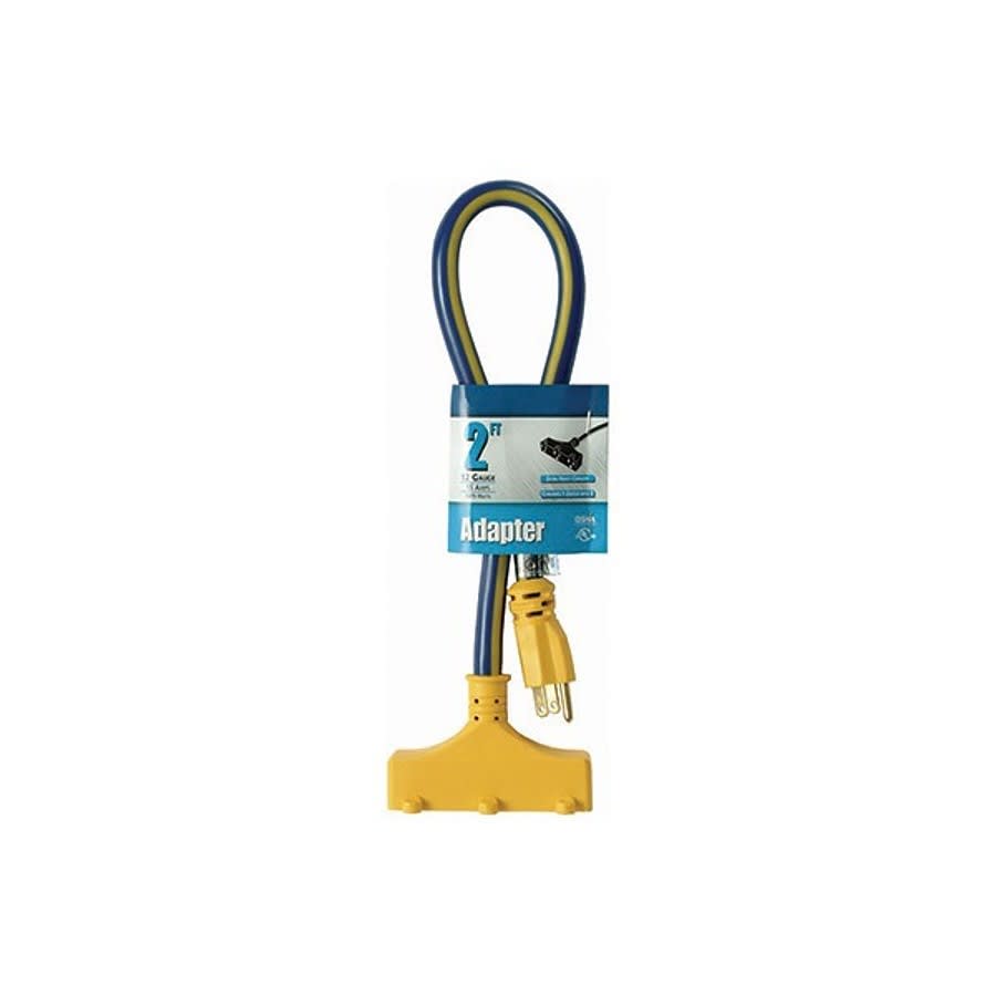 12/3 Extension Cord, Triple Outlet, 2 ft L, Yellow