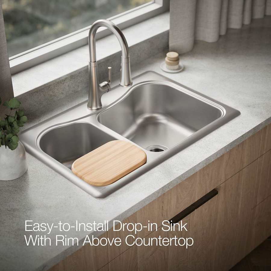 Staccato 33" Double Basin Drop In 18-Gauge Stainless Steel Kitchen Sink with SilentShield, Cutting Board, and Single Faucet Hole