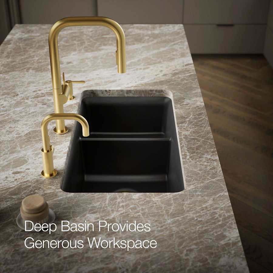 Cairn Slim Divide 33-1/2" Undermount Double Bowl Neoroc Granite Composite Kitchen Sink with Large Bowl Sink Rack