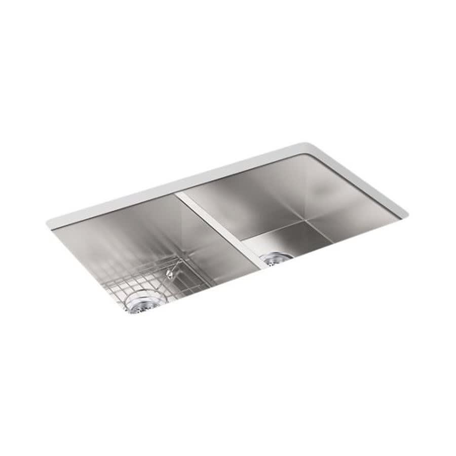 Vault™ Double Bowl Kitchen Sink, Top/Under Mount, 33 x 22 in, 9-5/16 in Bowl Depth, 4-Hole, 18 ga Satin Steel, Stainless