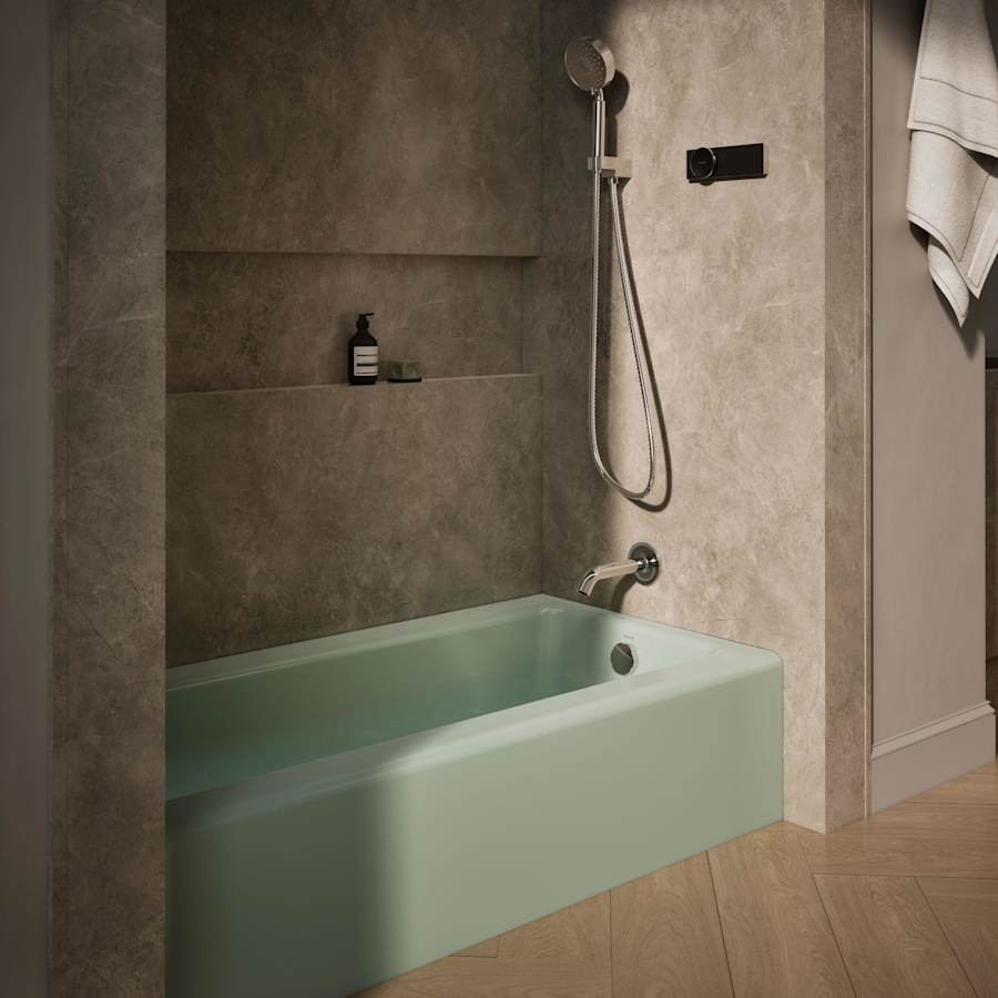 Bellwether Bath Tub 60" L x 30 1/4" W Cast Iron Soaking for Three Wall Alcove Installations with Integral Apron and Right Drain