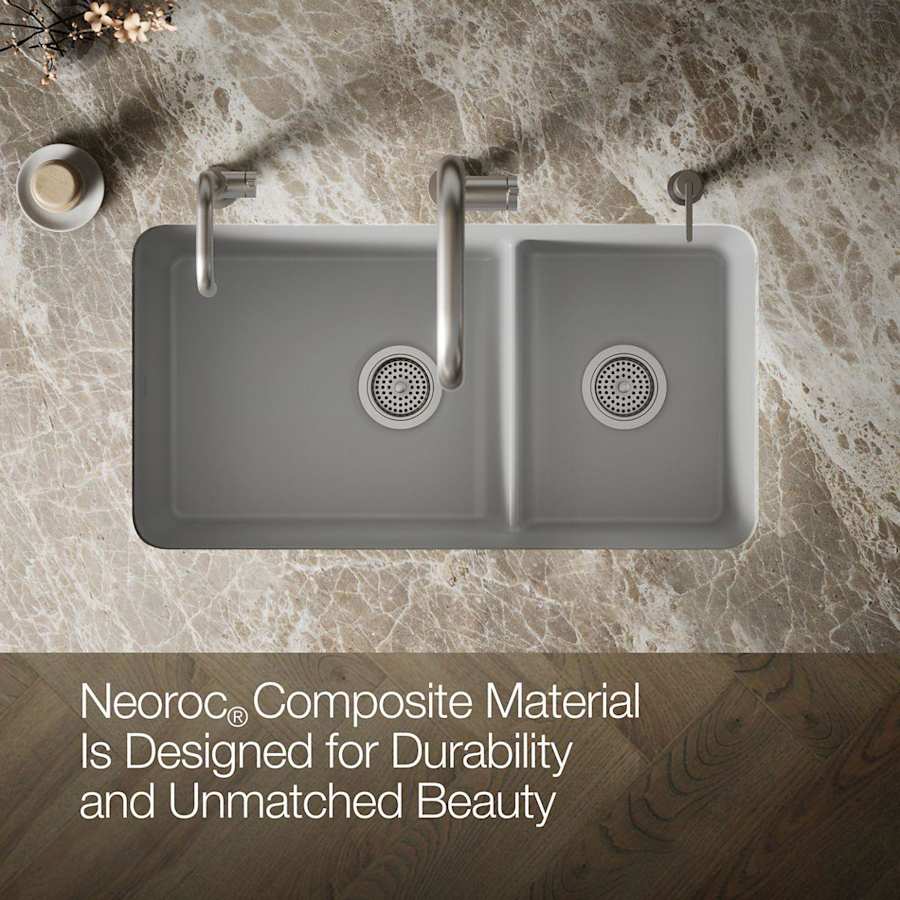 Cairn Slim Divide 33-1/2" Undermount Double Bowl Neoroc Granite Composite Kitchen Sink with Large Bowl Sink Rack