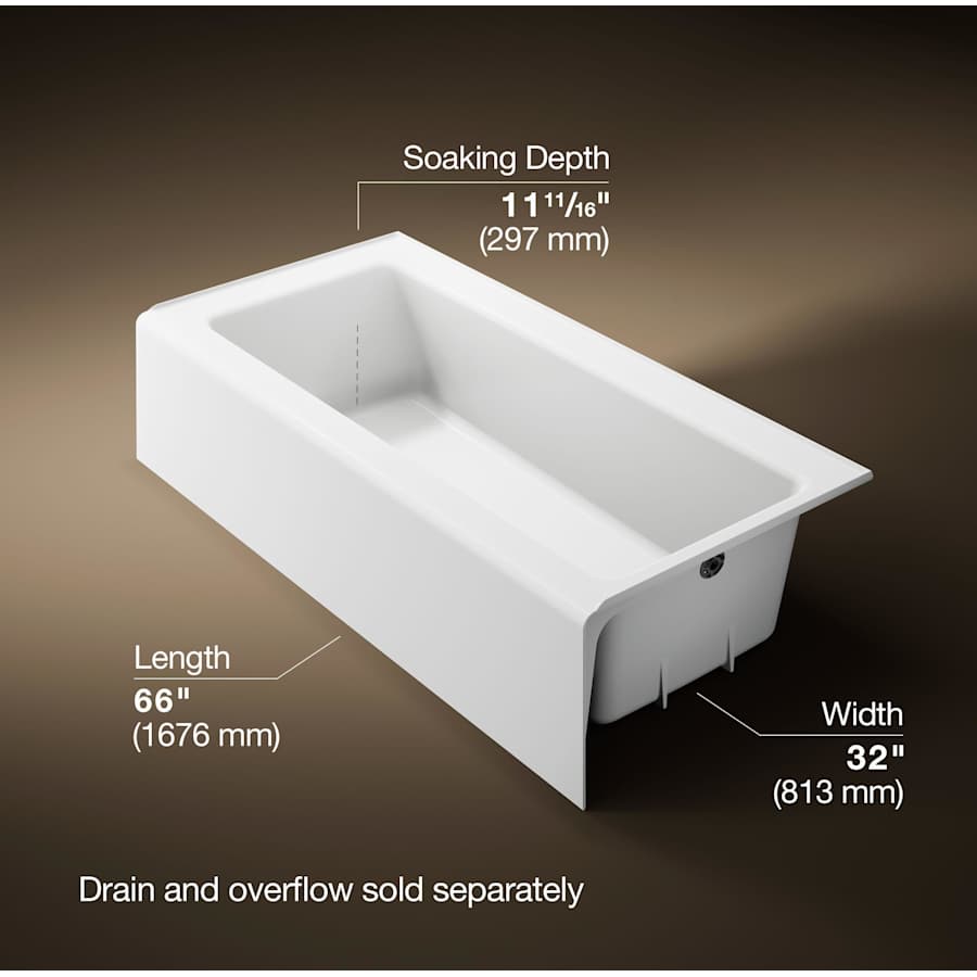 Bellwether Bath Tub 66" L x 32" W Cast Iron Soaking for Three Wall Alcove Installations with Integral Apron and Right Drain