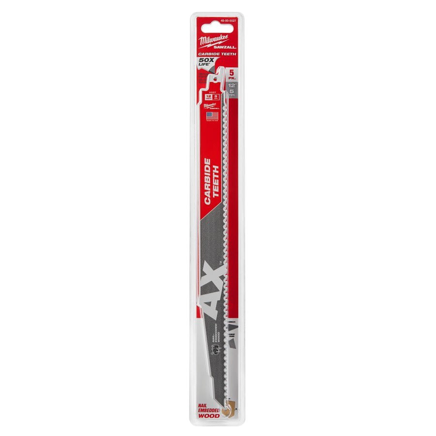 SAWZALL® The Ax™ Carbide Tip Reciprocating Saw Blade, 12 in L, 5 tpi, 0.05 in THK, 5-Pack