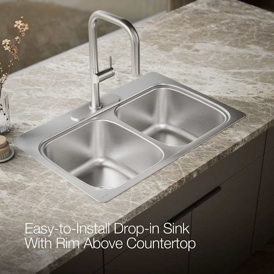 Verse 33" Double Basin Drop In Stainless Steel Kitchen Sink With Three Faucet Holes