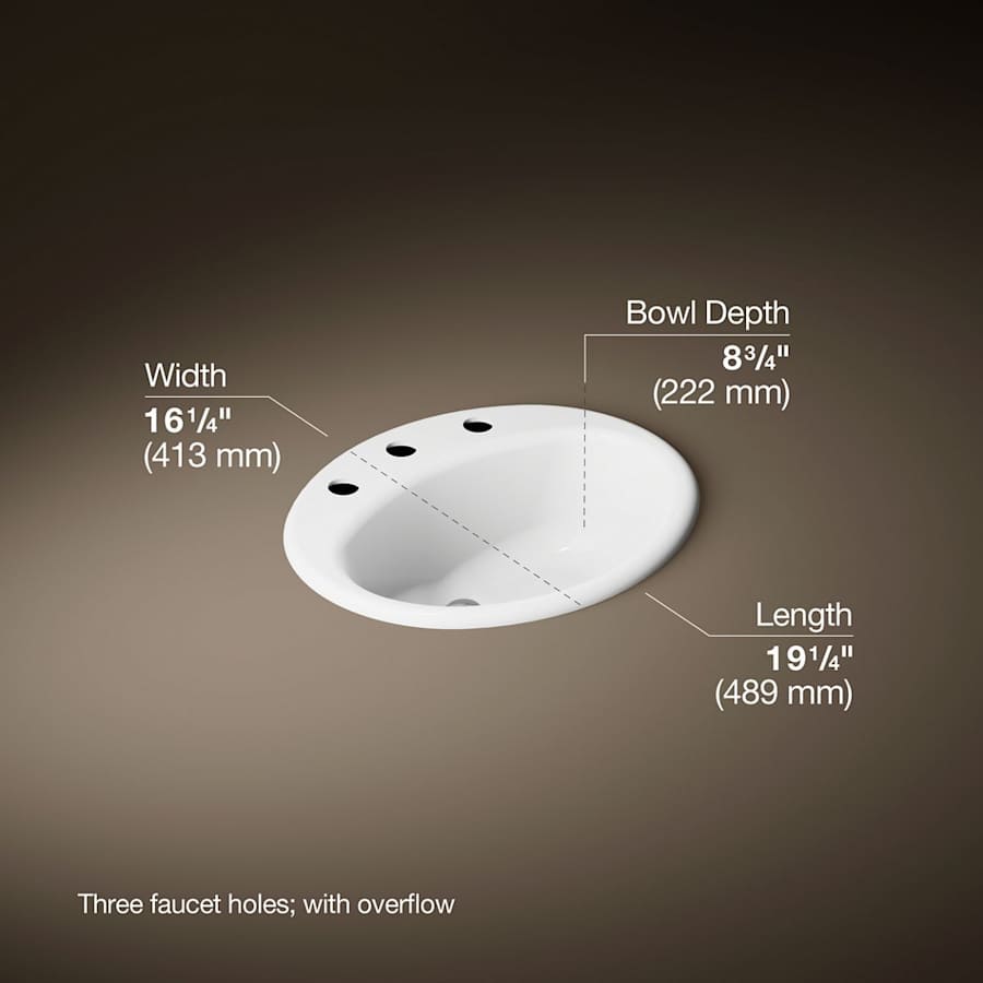 Farmington 19-1/4" Oval Cast Iron Drop In Bathroom Sink with Overflow and 3 Faucet Holes at 8" Centers