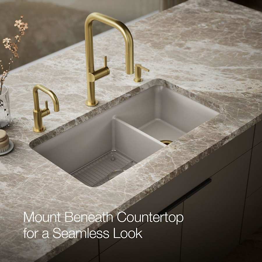 Cairn Slim Divide 33-1/2" Undermount Double Bowl Neoroc Granite Composite Kitchen Sink with Large Bowl Sink Rack