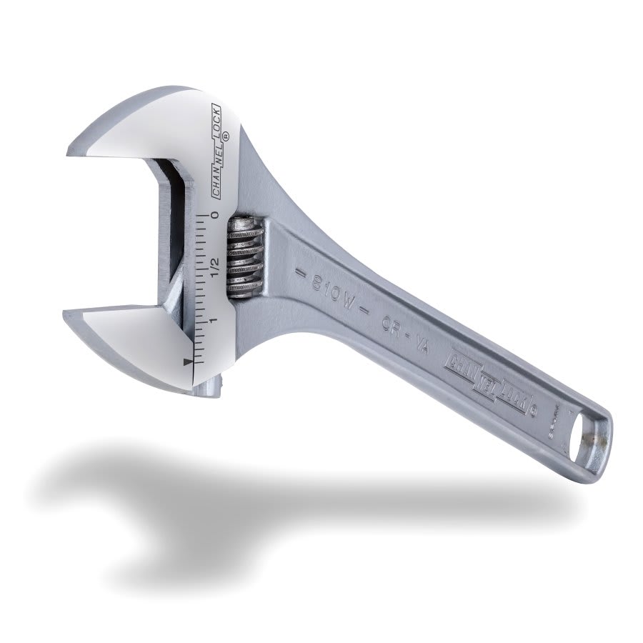 10 in, Adjustable Wrench, Wide, Chrome