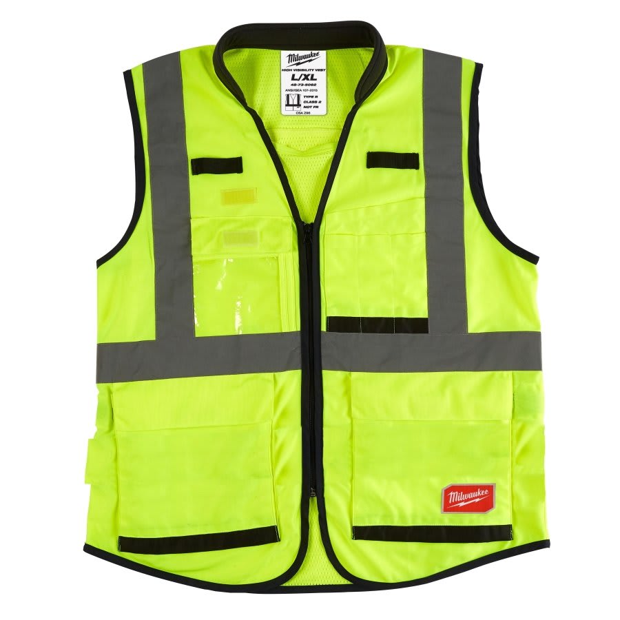 Performance Safety Vest, L/XL, Hi-Viz Yellow, Polyester, Hook and Loop/Zipper Closure, 15 Pockets, ANSI Class Class 2, ANSI/ISEA 107-15 Type R