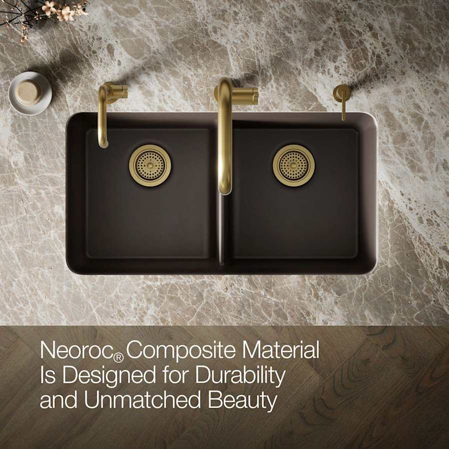 Cairn 33-1/2" Undermount Double Equal Bowl Neoroc Granite Composite Kitchen Sink with Right Sink Rack Included
