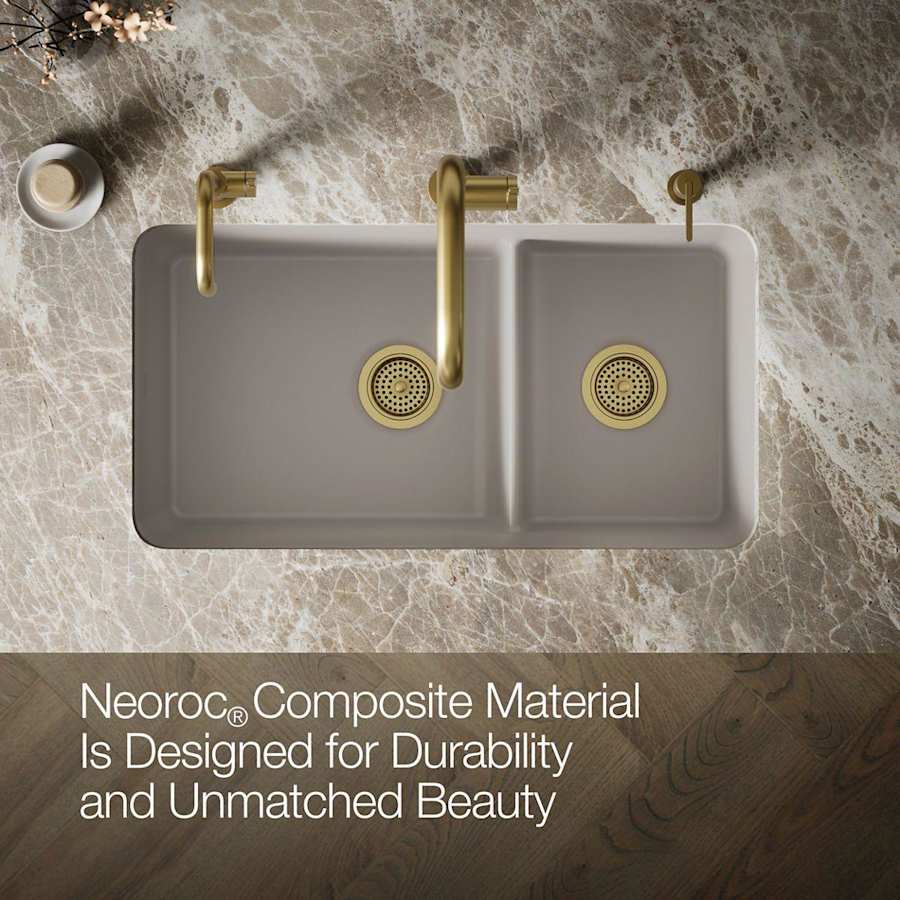 Cairn Slim Divide 33-1/2" Undermount Double Bowl Neoroc Granite Composite Kitchen Sink with Large Bowl Sink Rack