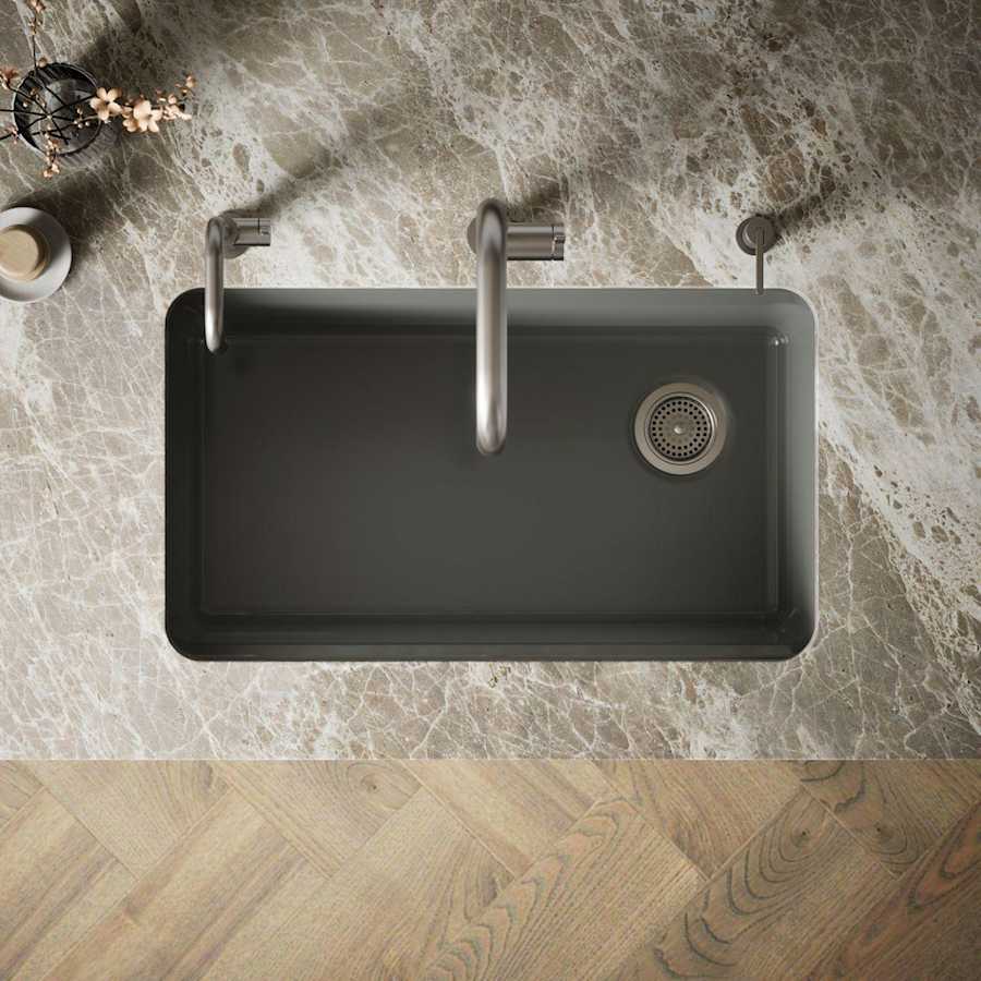 Riverby 33" Undermount Single Basin Enameled Cast Iron Workstation Kitchen Sink with Utility Rack, Sink Rack and Colander, and Intregral Cutting Board