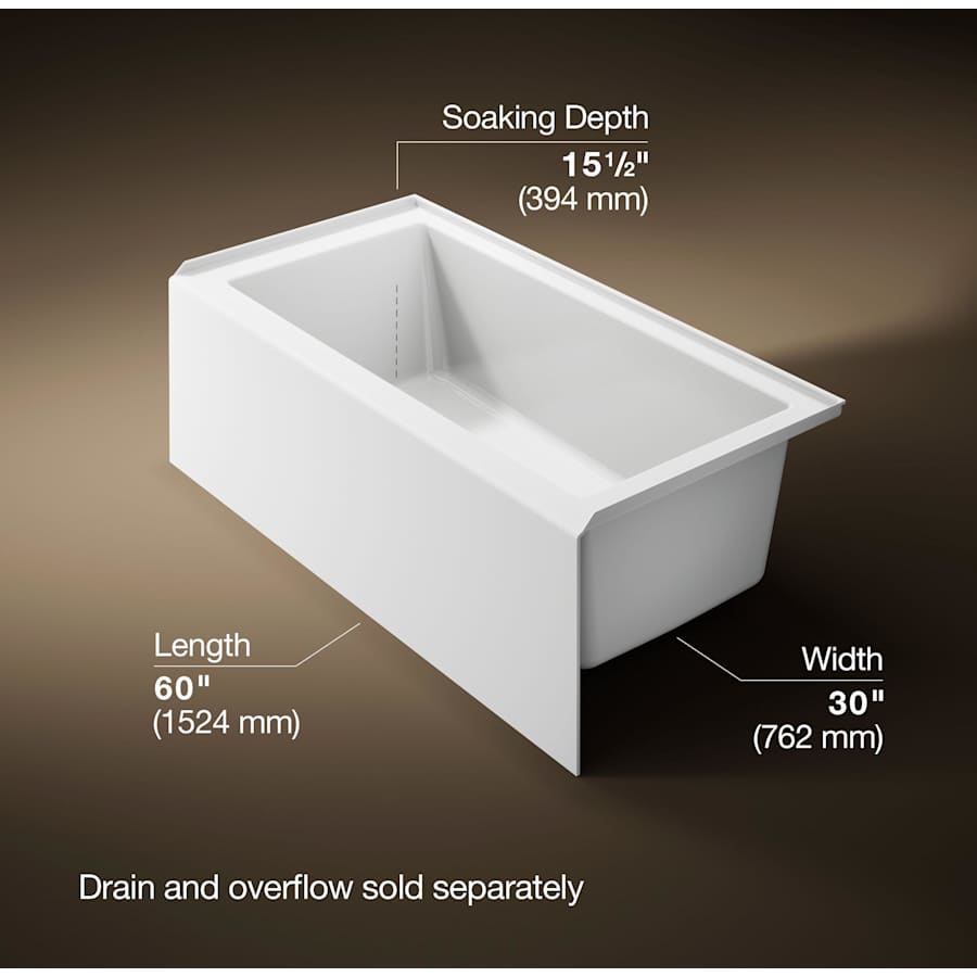 Underscore 60" Soaking Bathtub for Three Wall Alcove Installation with Right Drain and 68 Gallon Water Capacity