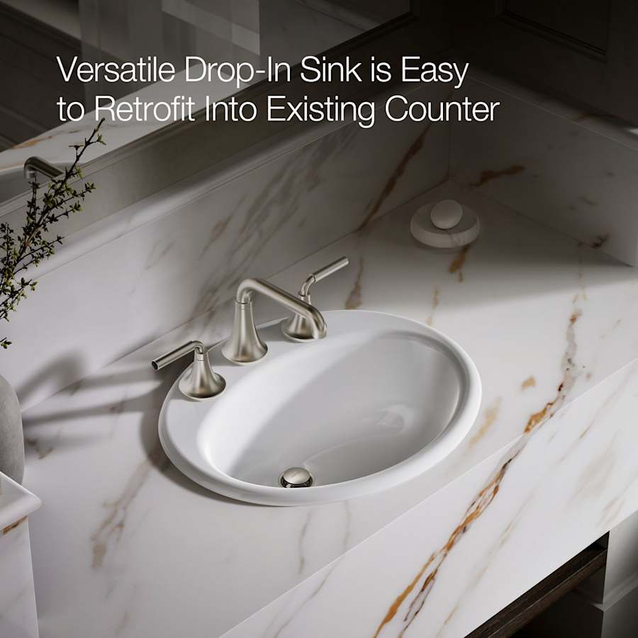 Farmington 19-1/4" Oval Cast Iron Drop In Bathroom Sink with Overflow and 3 Faucet Holes at 8" Centers