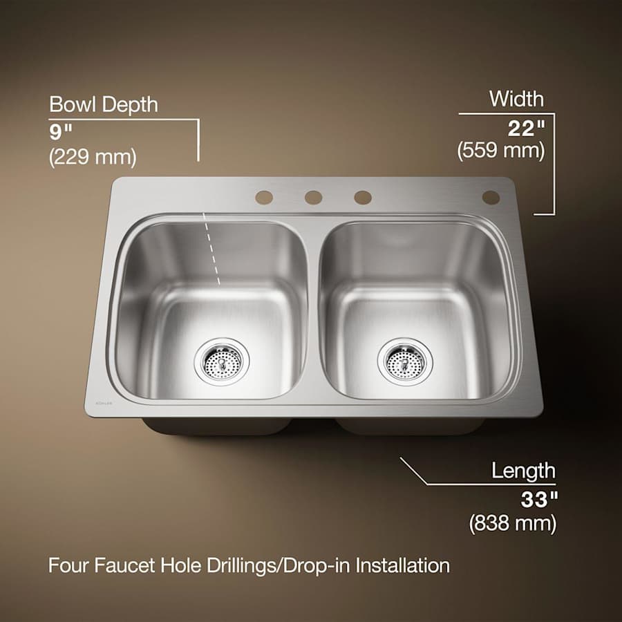 Verse 33" Double Basin Drop In Stainless Steel Kitchen Sink With Four Faucet Holes