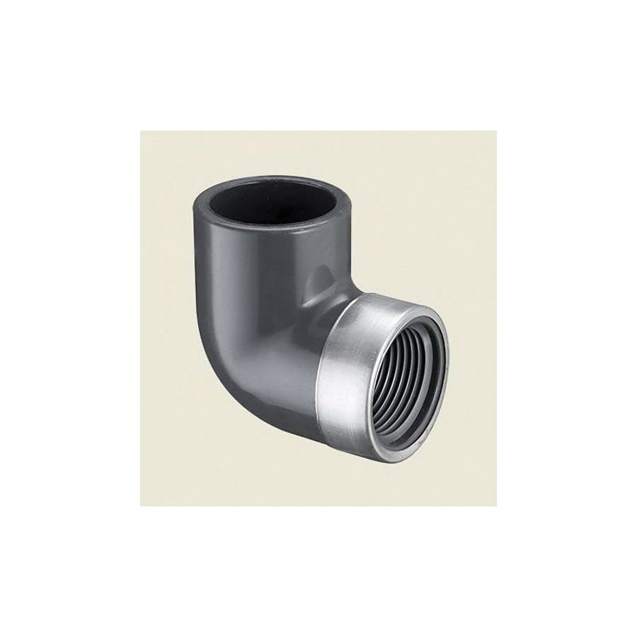 90 deg Elbow, 1 in, Socket x Stainless Steel Reinforced FNPT, SCH 80/XH, PVC