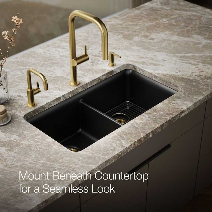 Cairn 33-1/2" Undermount Double Equal Bowl Neoroc Granite Composite Kitchen Sink with Right Sink Rack Included