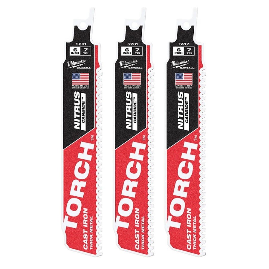 SAWZALL® The Torch™ Carbide Tip Reciprocating Saw Blade, 6 in L, 7 tpi, 0.05 in THK, 3-Pack