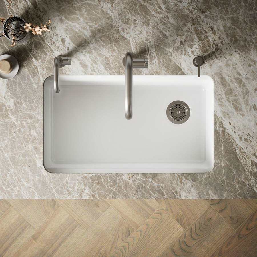 Riverby 33" Undermount Single Basin Enameled Cast Iron Workstation Kitchen Sink with Utility Rack, Sink Rack and Colander, and Intregral Cutting Board