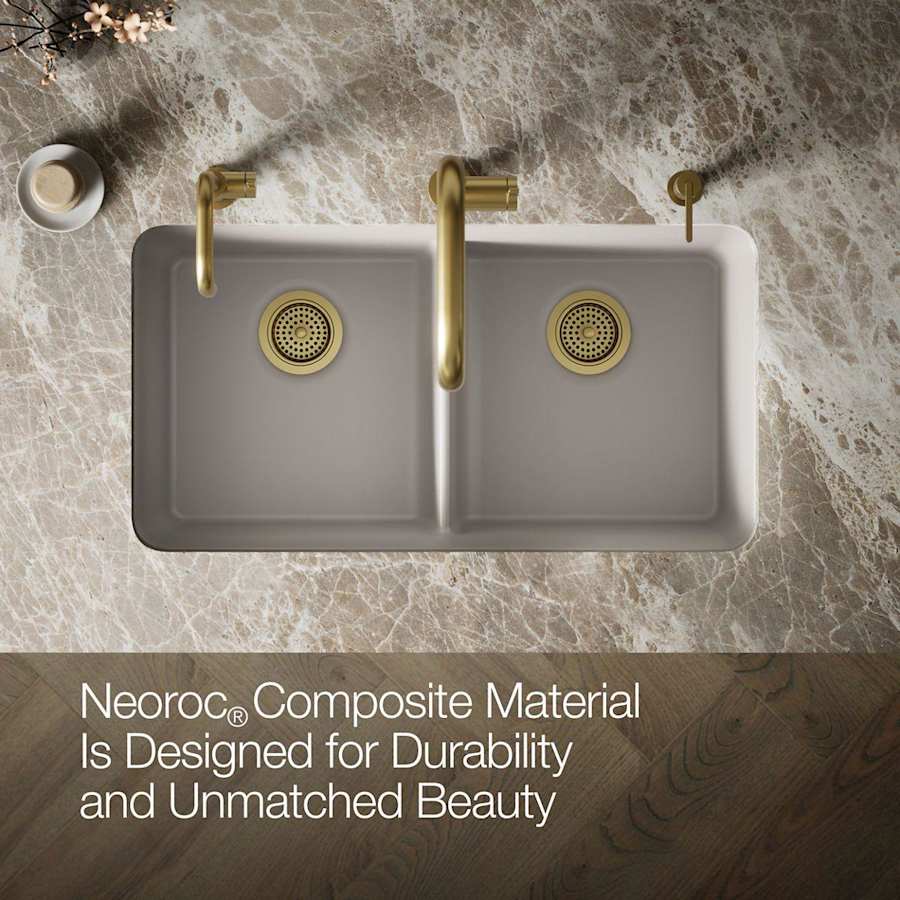 Cairn 33-1/2" Undermount Double Equal Bowl Neoroc Granite Composite Kitchen Sink with Right Sink Rack Included