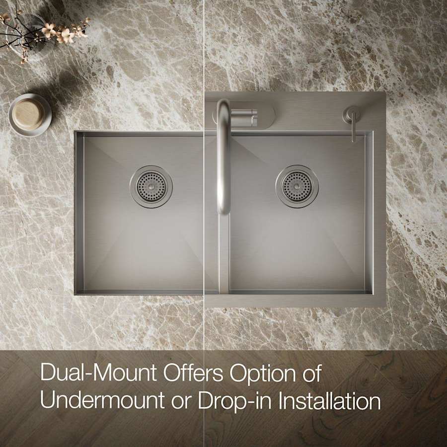Vault 33" Double Basin Top-Mount/Under-Mount 18-Gauge Stainless Steel Kitchen Sink with SilentShield and Bottom Sink Rack