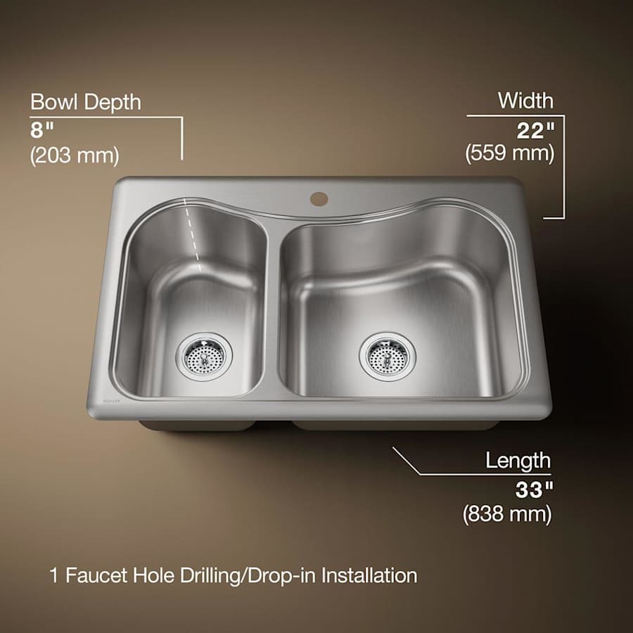 Staccato 33" Double Basin Drop In 18-Gauge Stainless Steel Kitchen Sink with SilentShield, Cutting Board, and Single Faucet Hole