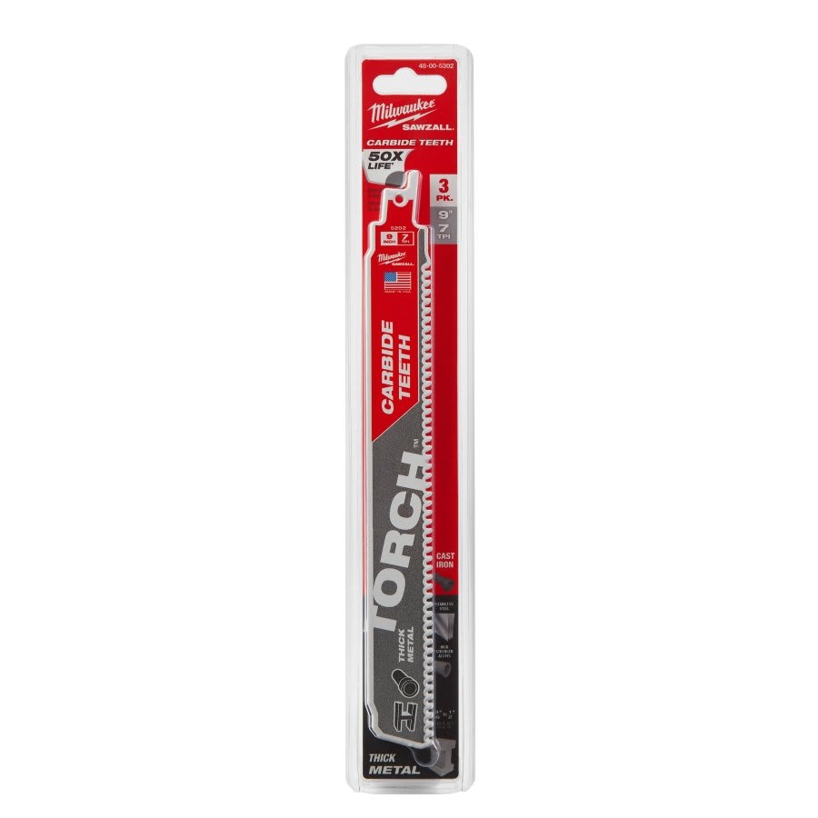 SAWZALL® The Torch™ Carbide Tip Reciprocating Saw Blade, 9 in L, 7 tpi, 0.05 in THK, 3-Pack