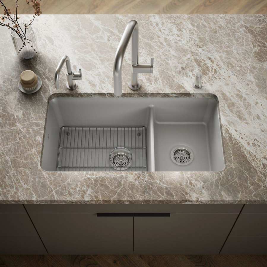 Cairn Slim Divide 33-1/2" Undermount Double Bowl Neoroc Granite Composite Kitchen Sink with Large Bowl Sink Rack