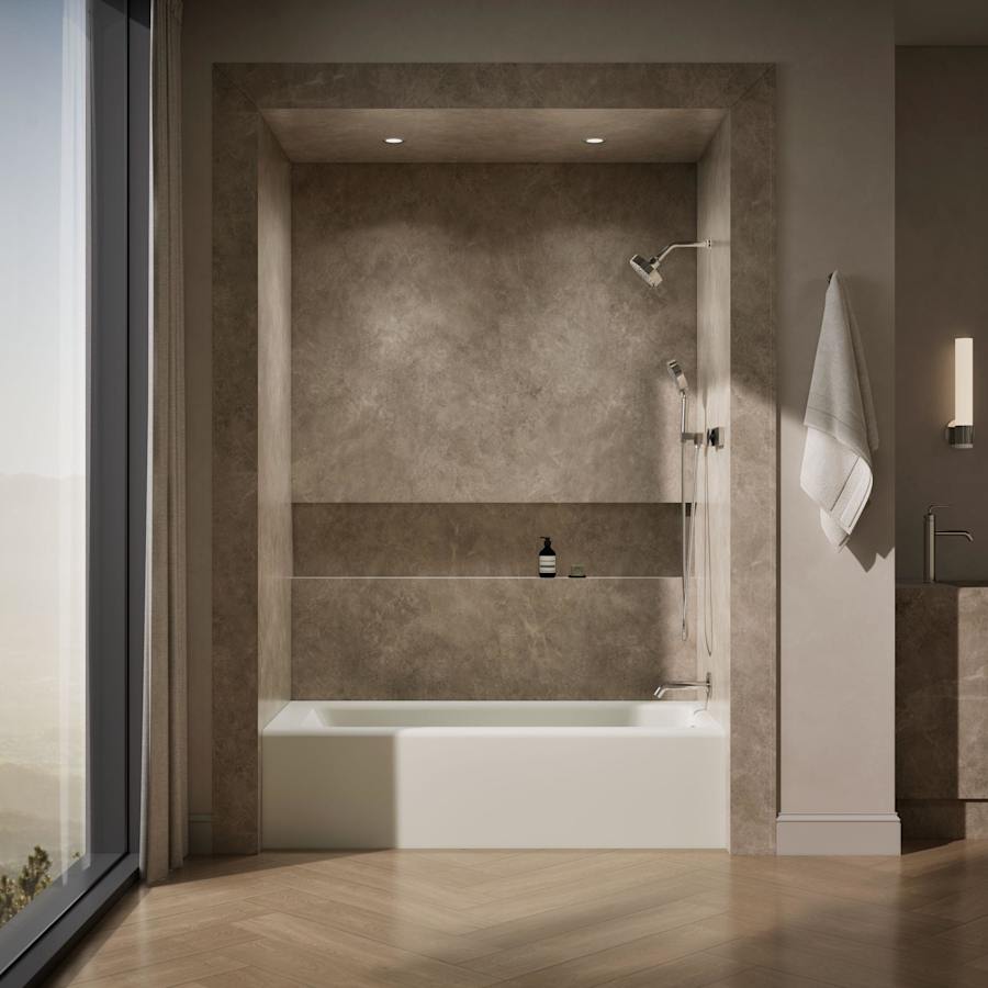 Bellwether Bath Tub 66" L x 32" W Cast Iron Soaking for Three Wall Alcove Installations with Integral Apron and Right Drain