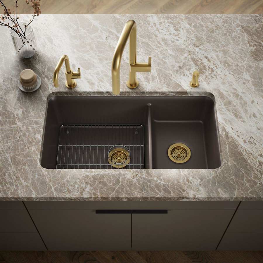 Cairn Slim Divide 33-1/2" Undermount Double Bowl Neoroc Granite Composite Kitchen Sink with Large Bowl Sink Rack