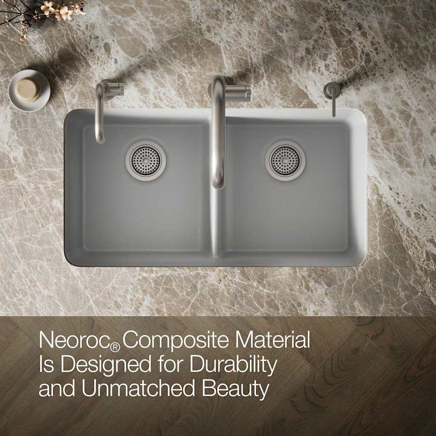 Cairn 33-1/2" Undermount Double Equal Bowl Neoroc Granite Composite Kitchen Sink with Right Sink Rack Included