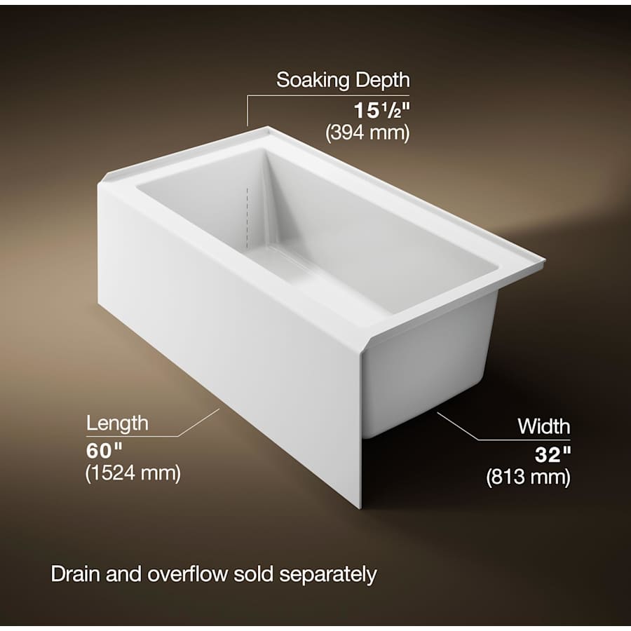 Underscore 60" Soaking Bathtub for Three Wall Alcove Installation with Right Drain
