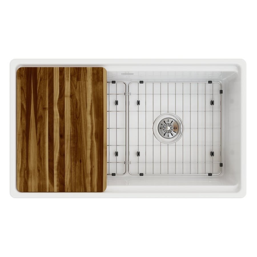 Single Bowl Kitchen Sink, Apron Mount, 33 x 18-13/16 in, 9-5/8 in Bowl Depth, Fireclay, White