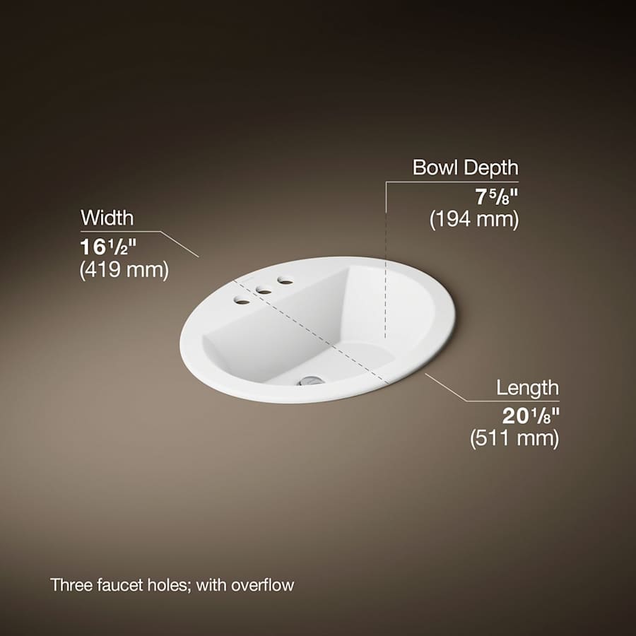 Bryant 20-1/8" Oval Vitreous China Drop In Bathroom Sink with Overflow and 3 Faucet Holes at 4" Centers